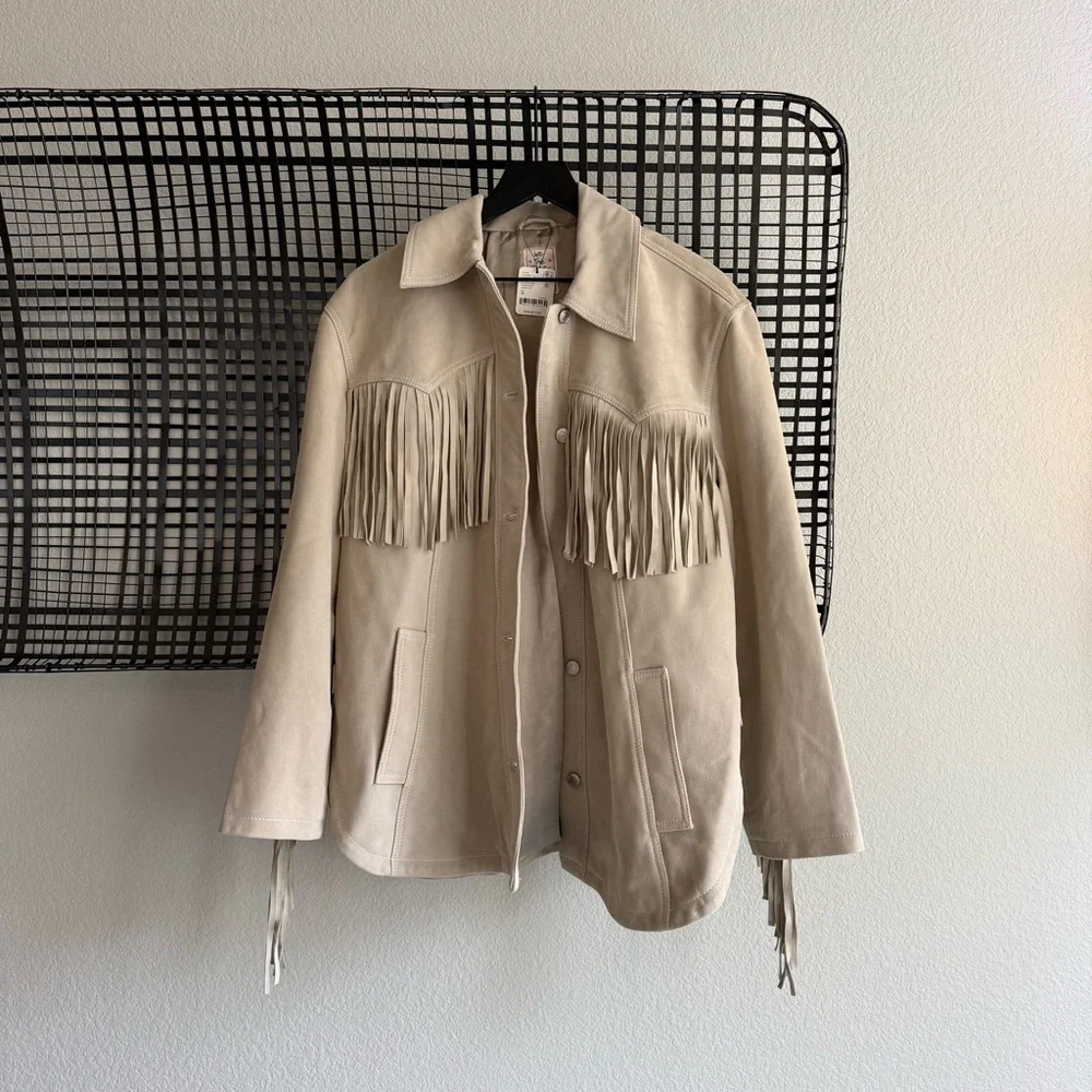 Free People Beige Fringe Leather Jacket